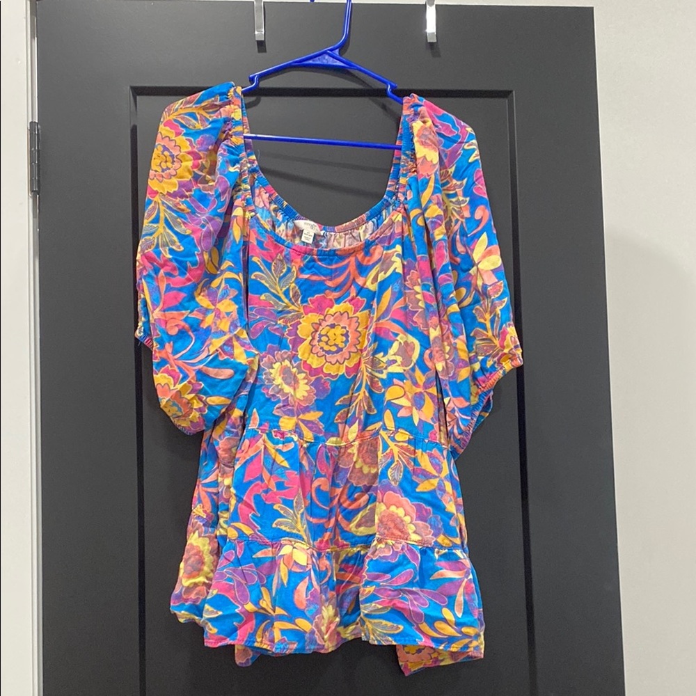 Terra & Sky Blue and Orange Flutter Sleeve Peplum Blouse